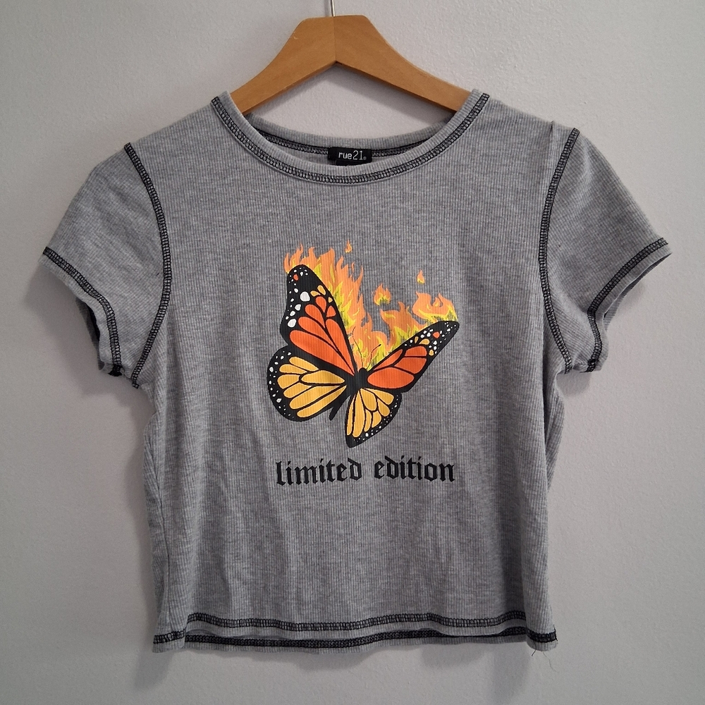 Rue 21 Limited Edition Y2K Butterfly Flames Ribbed Baby Tee Crop Top Size XL
